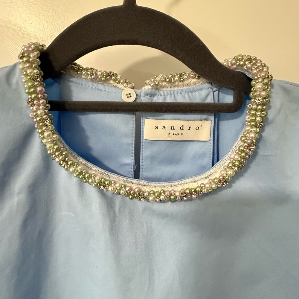 Sandro Light Blue Blouse with Beaded Detail